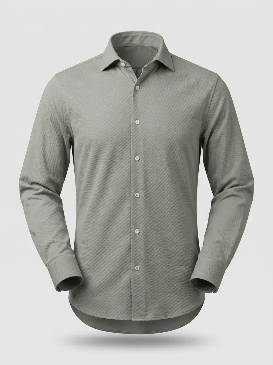 GenWear output: finished ghost mannequin shot of the same grey shirt, mannequin removed