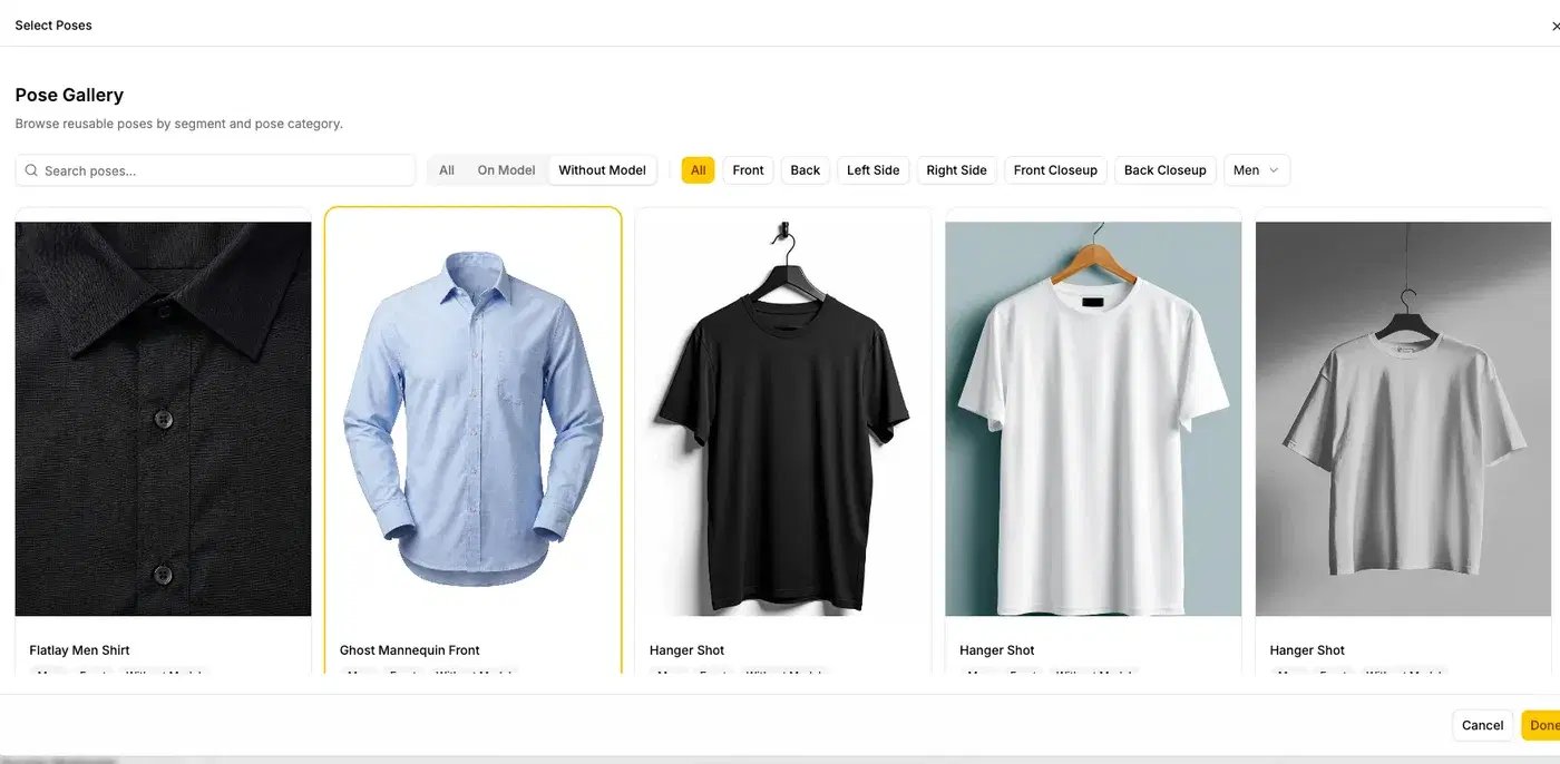 GenWear pose gallery filtered to Without Model poses with Ghost Mannequin Front selected