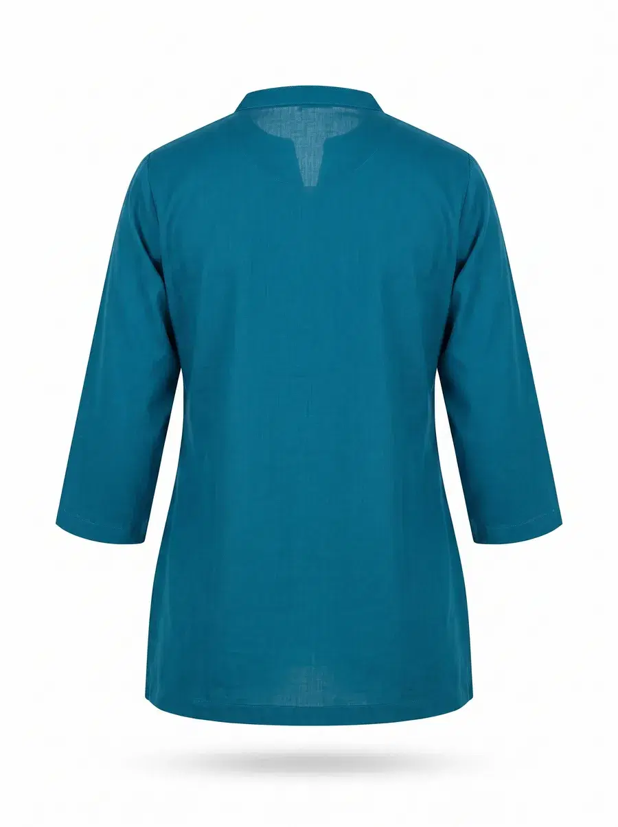 Ghost mannequin back view of the teal kurta with rebuilt collar band