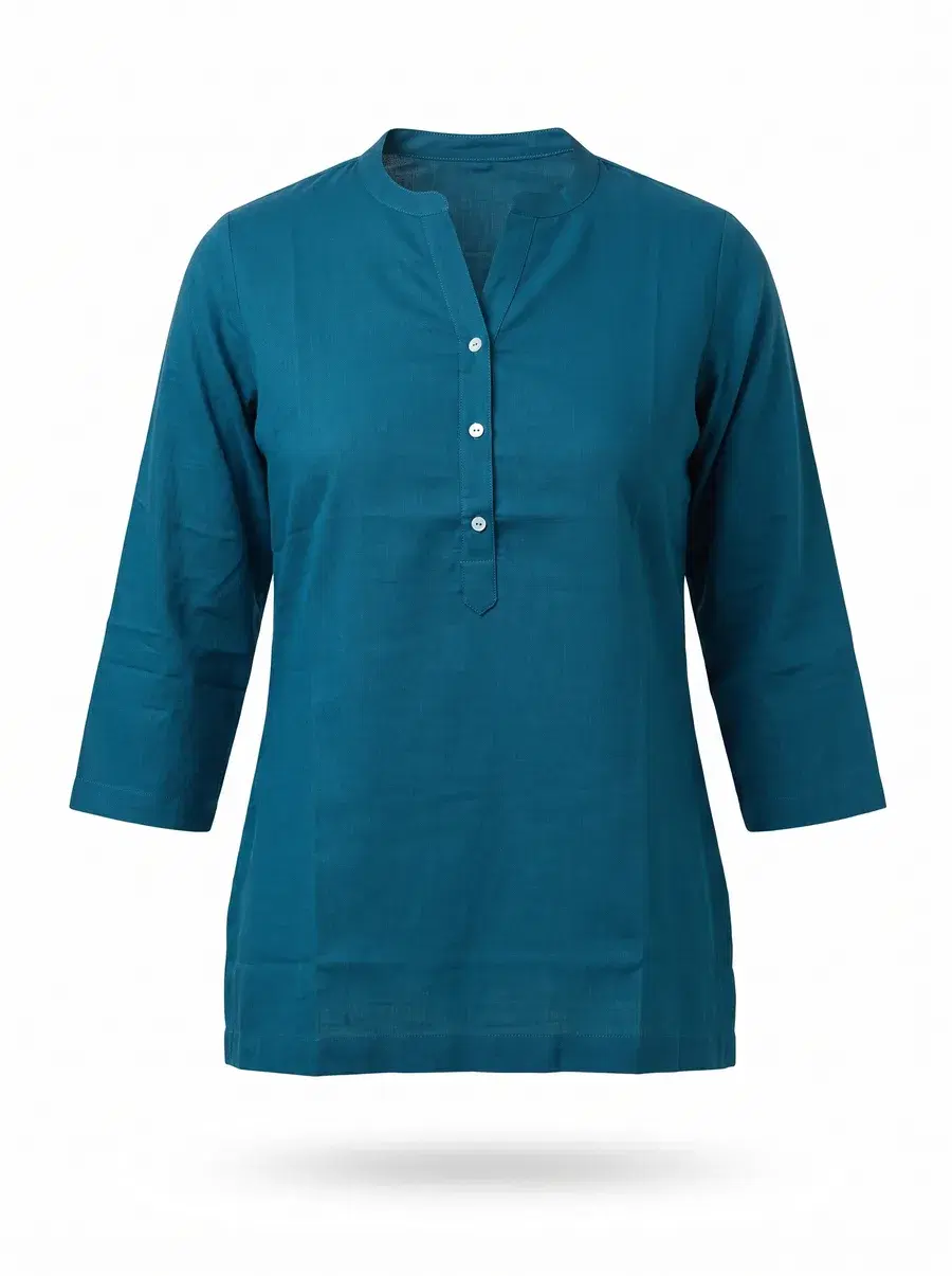 Finished ghost mannequin shot of a teal kurta, front view with hollow neckline