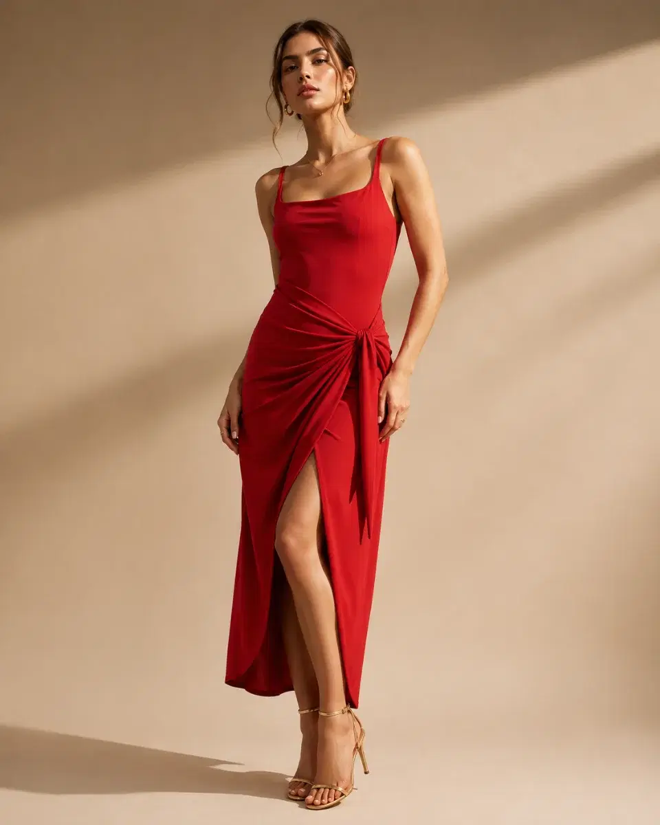 AI-generated model in a red one-piece on a classy background
